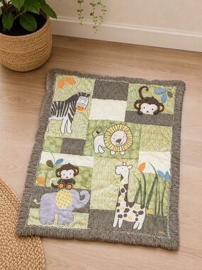 CoCalo Sage Green Crib Quilt Monkey Elephant Giraffe Safari Nursery Blanket Cozy